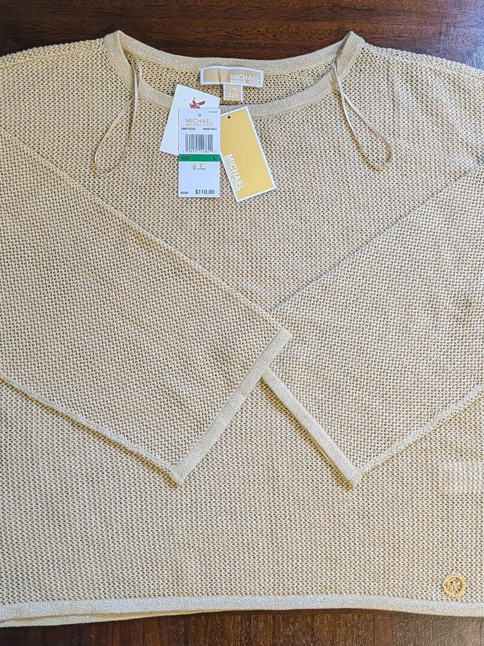NWT Michael Kors Women's Large Beige With Gold Metallic Knit Pullover Sweater L